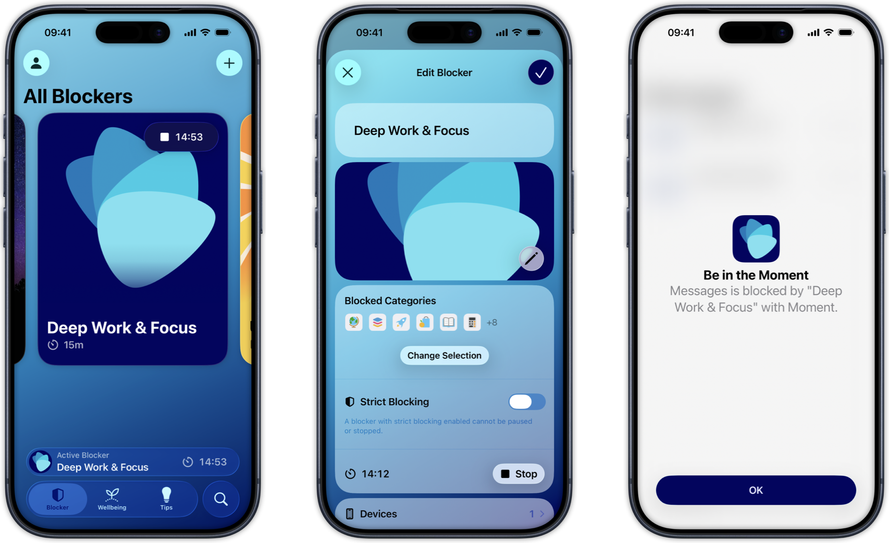 Three iPhones side by side: blocker setup, an active blocker shield, and a Lock Screen Live Activity