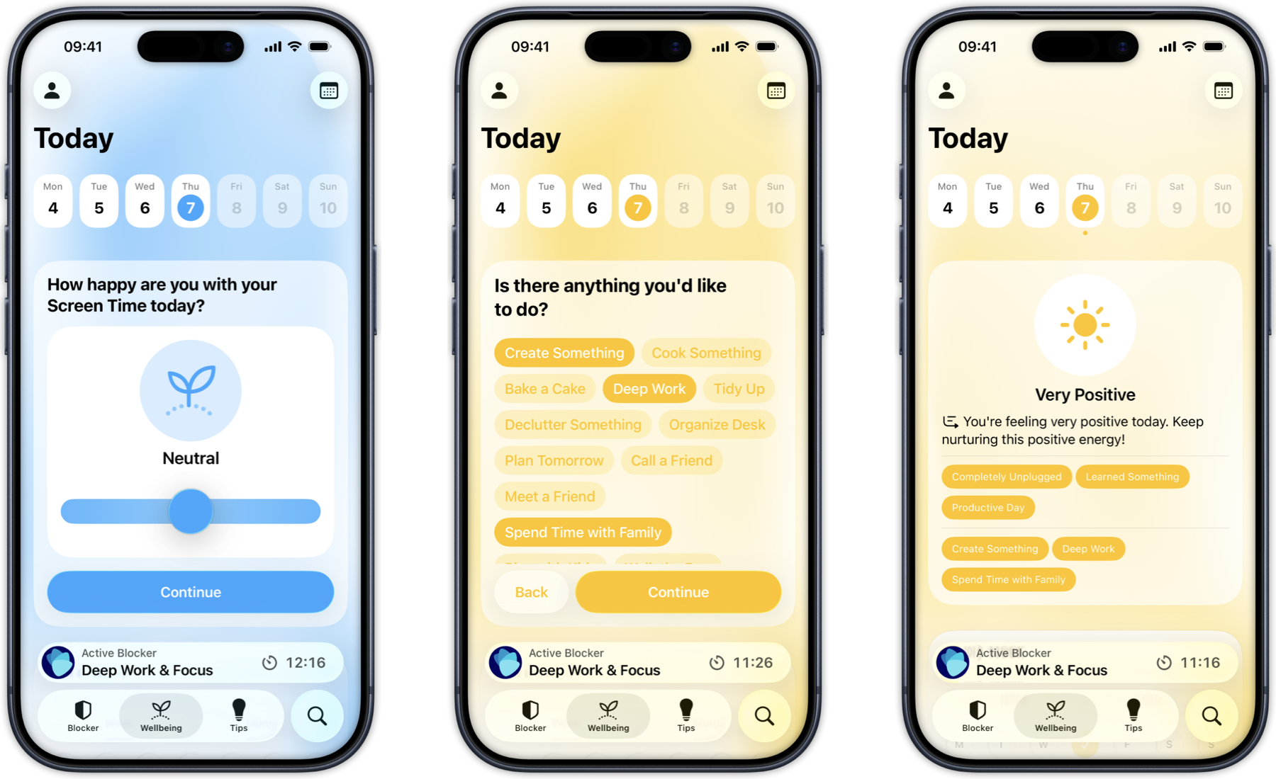 Three iPhones side by side: mood check-in, offline alternatives library, and a mood summary chart